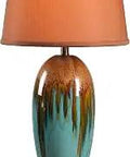 Teal And Gold Glazed Ceramic Tucson End Table Lamp With Drip Glaze Finish Boho Chic Vibe Contemporary Style 32 Inch Tall Large Table Lamp