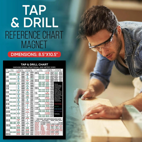 Tap Drill Chart Magnet With Decimal Equivalents, Formulas, And Metric Conversions For CNC Shops, Garages, Mechanics, And Woodworking Pros, Waterproof Magnetic Reference Guide For Real World Shop Use, 8.5 By 10.53 Inches on a workshop table with a carpenter in focus.