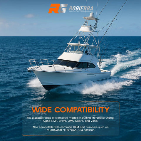 Boat on water showcasing compatibility for Gimbal Bearing Puller And Installer Tool Kit For Mercruiser Alpha 1 MR Bravo OMC And Volvo Marine