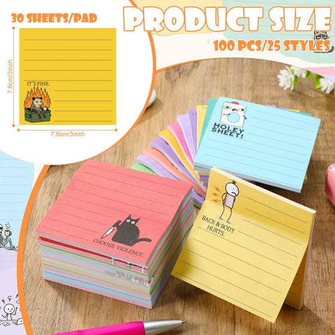 Image of 100 Pack Funny Sticky Notes for Work 3 by 3 Inches Sarcastic Self Adhesive Notepads with 25 Designs displayed on a desk