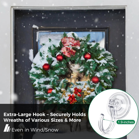 Christmas wreath hanging on a door using 4 Pack Large Suction Cup Hooks For Doors And Windows No Tools No Fuss Wreath Hanger Upgraded 1.9 Inch Diameter Holds Up To 22 Lbs For Front Door Glass Shower Mirrors And Tile.