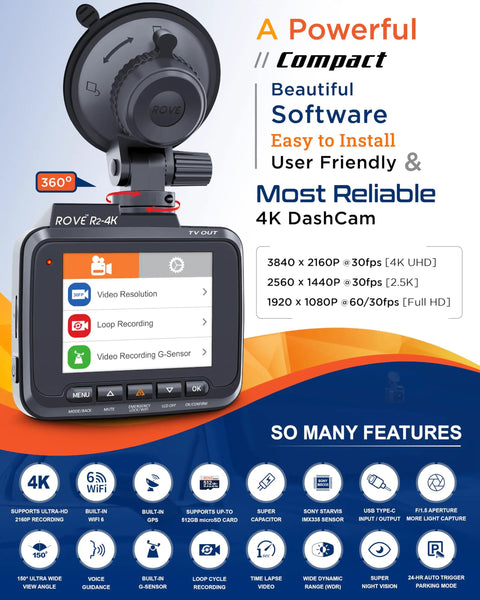 4K Dash Cam With WiFi 6 GPS For Clear Night Vision And WDR Ultra HD 2160P 150 Degree Wide Angle Two Point Four Inch IPS Screen