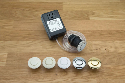 Touch Activated Garbage Disposal Air Switch Kit with base unit, buttons in multiple finishes, fits one and three eighths inch sink hole.