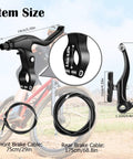 Dimensions of Beefed Up All In One V Type Bike Brakes Set cables and calipers with a cyclist in the background on a trail.