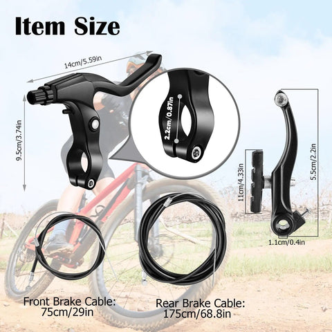 Dimensions of Beefed Up All In One V Type Bike Brakes Set cables and calipers with a cyclist in the background on a trail.