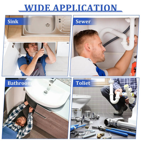 Four panels showing PVC deburring tool use in sink, sewer, bathroom, toilet for smooth edges in plumbing projects.