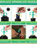 6-step guide using 5 Piece Sprinkler Adjustment Tool Set For PGP Heads And Lawn Irrigation, Easy Rotor Stem Lifter.