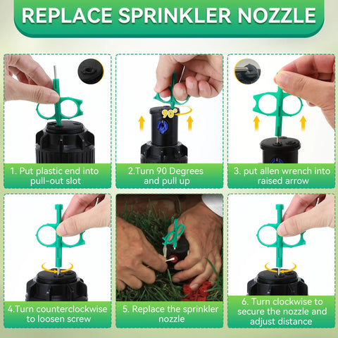 6-step guide using 5 Piece Sprinkler Adjustment Tool Set For PGP Heads And Lawn Irrigation, Easy Rotor Stem Lifter.