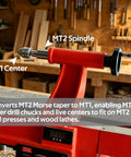 Mt2 To Mt1 Morse Taper Reducing Adapter Sleeve Zero Slack Shop Pro Pick For Woodworking Lathes Drill Presses Heavy Duty Steel Tailstock Tool in use on a lathe.
