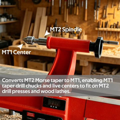 Mt2 To Mt1 Morse Taper Reducing Adapter Sleeve Zero Slack Shop Pro Pick For Woodworking Lathes Drill Presses Heavy Duty Steel Tailstock Tool in use on a lathe.