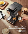 Hassle Free Home Barista Espresso Machine Featuring Customizable Grind Options And Intuitive Touchscreen Controls For Smooth Daily Pulls And Velvety Frothed Drinks on wooden countertop with coffee cup and steam wand.