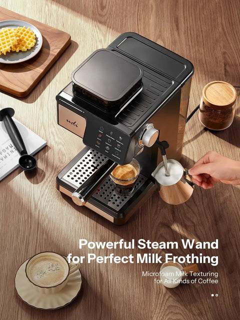 Hassle Free Home Barista Espresso Machine Featuring Customizable Grind Options And Intuitive Touchscreen Controls For Smooth Daily Pulls And Velvety Frothed Drinks on wooden countertop with coffee cup and steam wand.