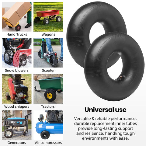 Beefy Heavy Duty 3.00-4 Inner Tubes With TR87 Bent Valve Stem for multiple equipment, highlighting universal use.