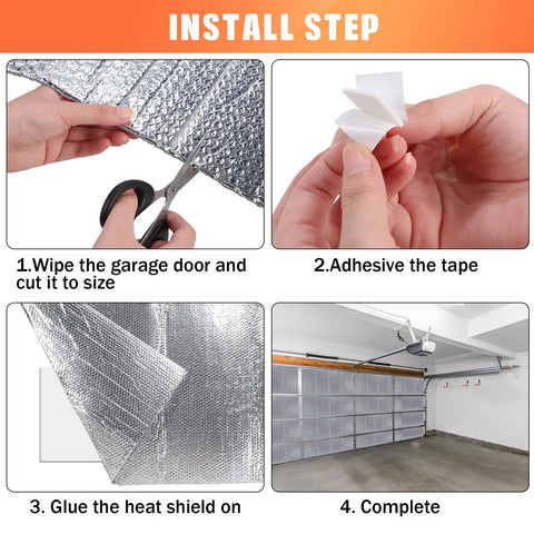 Installation steps of garage door insulation kit with 16 double bubble panels and 100 adhesive tape, reflective aluminum barrier