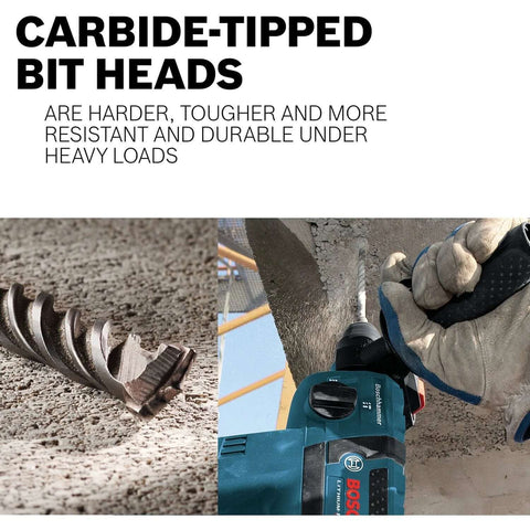 Bosch Bulldog SDS-Plus hammer drill bit; two views shown: left carbide-tipped head close-up, right drill in use.