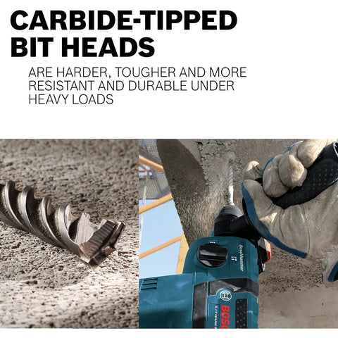Bulldog SDS-Plus Rotary Hammer Bit 1 In x 16 In x 18 In with beefy carbide tip drilling into concrete, close-up view