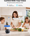 Top Shelf Matte Black Wifi Smart Lock With Fingerprint Keyless Entry And Lever Handles No Sweat Setup Auto Lock Remote App Control Works With Alexa in a kitchen with family cooking.