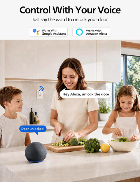 Top Shelf Matte Black Wifi Smart Lock With Fingerprint Keyless Entry And Lever Handles No Sweat Setup Auto Lock Remote App Control Works With Alexa in a kitchen with family cooking.