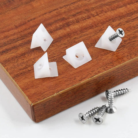 50 Pcs Drawer Repair Wedges And Screws Kit For Sagging Drawers Plastic Angle Fasteners shown on wooden surface.