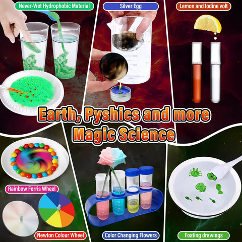 Colorful experiments from 250 Plus Science Experiments Kit For Kids With Erupting Volcano Planet Bouncy Ball And Chemistry Scientist Set