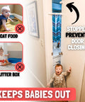 Adjustable Child Proof Door Lock And Cat Door Stopper With Quick Snap Strap Latch preventing toddlers near cat food and litter box.
