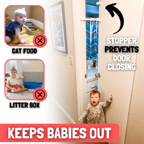 Adjustable Child Proof Door Lock And Cat Door Stopper With Quick Snap Strap Latch preventing toddlers near cat food and litter box.