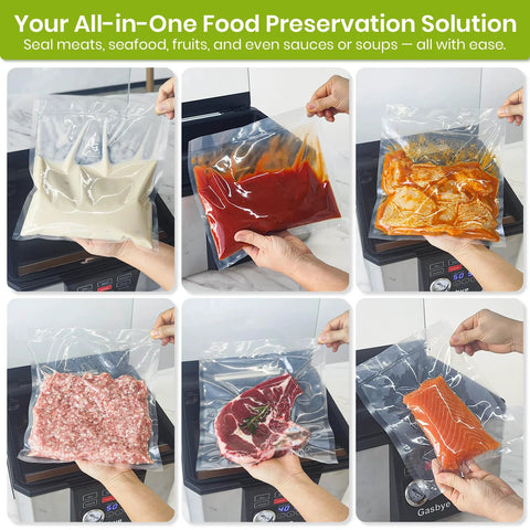 Gasbye chamber vacuum sealer collage showing stainless-steel body with vacuum bags of sauces, meats, and salmon.