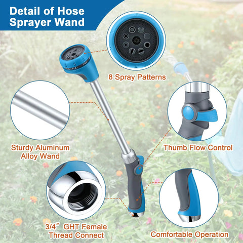 Heavy Duty 18 Inch Metal Watering Wand For Garden Hose With Thumb Control And 8 Spray Patterns details
