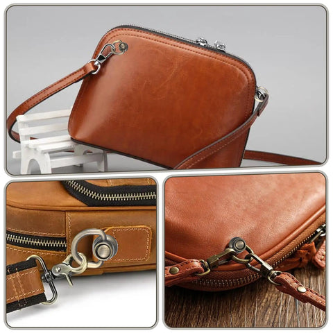 Close-up of a leather bag with 4 Pack Antique Brass D Rings And Ball End Studs Repair Kit For Purses Bags Leather Straps