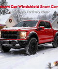 Car Windshield Cover For Ice And Snow 70 X 50 Inch, Heavy Duty 600D Snow Shield on red truck in winter setting