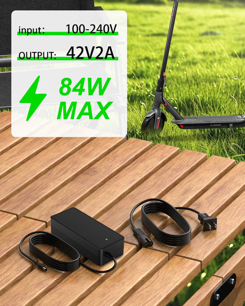 36V Ebike Charger For Vivi Spa Series 42V 2A Replacement, charger on wooden table with cables, inputs and outputs displayed