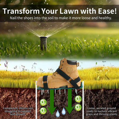 Illustration of Lawn Aerator Shoes With Durable Spikes And Adjustable Straps For Grass Aeration, enhancing soil aeration.