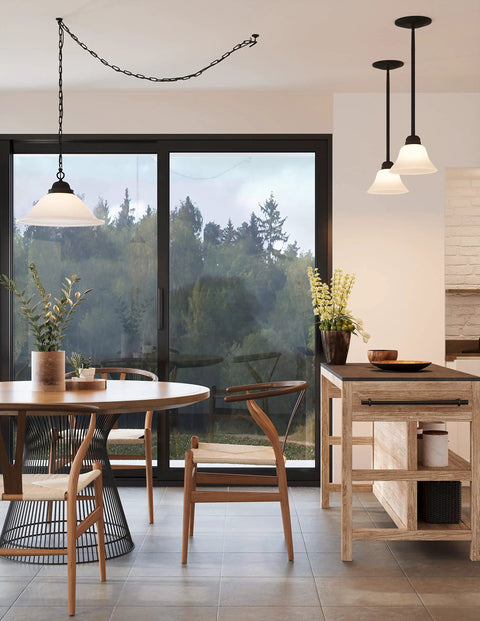 Oil Rubbed Bronze Pendant Light With Alabaster Glass Shade over dining table, showing dimmable and flexible install, kitchen decor