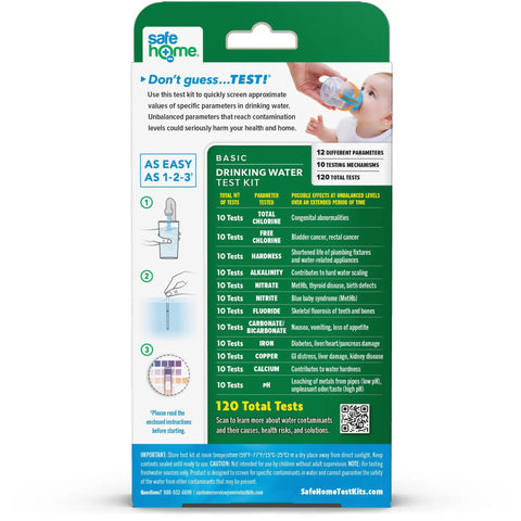 Real Talk 12 Parameter Drinking Water Test Kit For City Tap And Well Water Check Including Rapid Test Strips To Verify Home Water Quality With Zero Hassle Or Stress back of packaging with testing parameters and instructions.