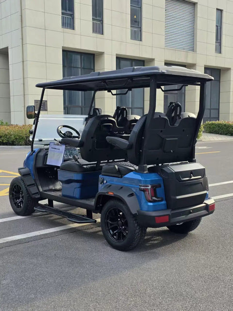 Buttery Smooth 4 Seat Electric Golf Cart With 48V Torque Monster Motor And Premium Stitched Seats, rear view parked on asphalt.