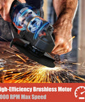 Person using 18V Cordless Angle Grinder With Brushless Motor, Eight Thousand RPM Beast For Cutting Metal, sparks flying