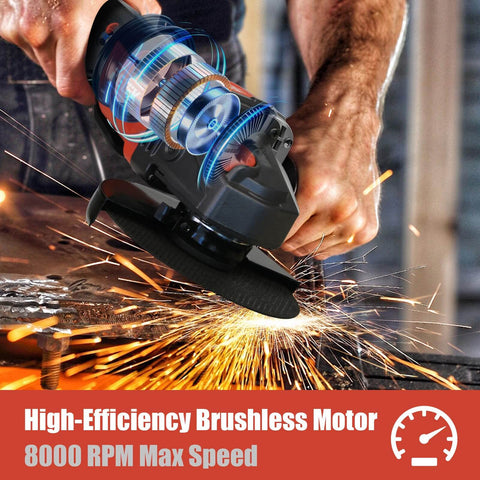 Person using 18V Cordless Angle Grinder With Brushless Motor, Eight Thousand RPM Beast For Cutting Metal, sparks flying