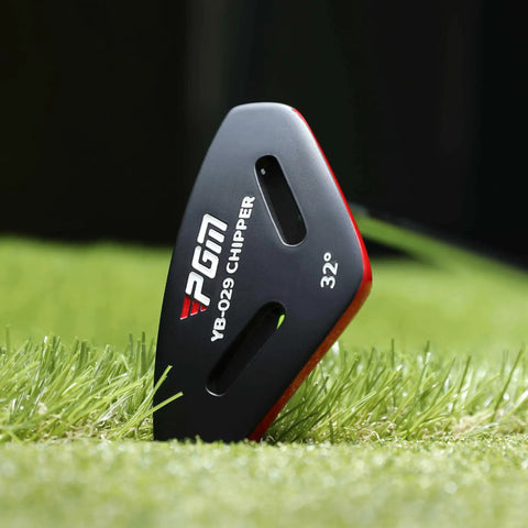35 Inch Right Handed Golf Chipper with 32 Degree Loft on grass, close-up of club face and markings