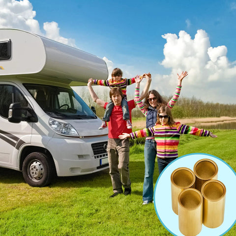Dunzy 6-Piece brass trailer leaf spring bushing kit; shackle bushings for trailer axle, inset beside camper van.