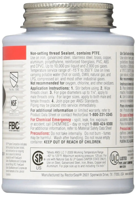 T Plus 2 Pipe Thread Sealant With PTFE White Non Setting 8 Oz Brush Top No Mess Applicator Meets TT-S-1732 Standard bottle back