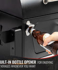Portable Charcoal Grill With Warming Rack showing built-in bottle opener, Tabletop Outdoor Grill For Camping And Picnics.