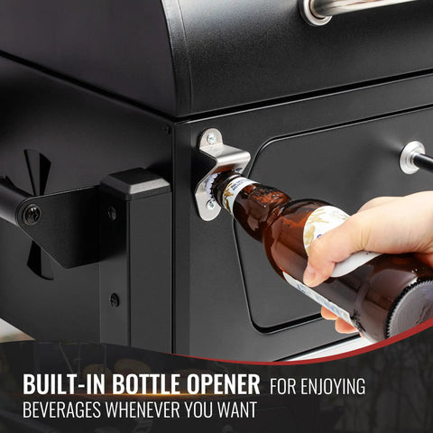 Portable Charcoal Grill With Warming Rack showing built-in bottle opener, Tabletop Outdoor Grill For Camping And Picnics.