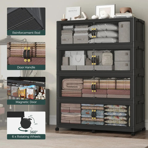 Massive Extra Large 4 Tier Stackable Storage Cabinet With Lids And Wheels, 960 QT Capacity, clear doors, in home setting