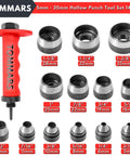 Hollow Punch Kit With Pinpoint Punch Shaft And Gasket Cutter Set, Fourteen Piece, sizes 5mm to 35mm, tool heads displayed.
