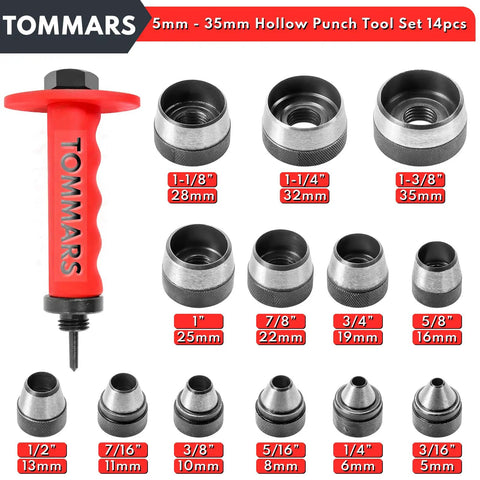 Hollow Punch Kit With Pinpoint Punch Shaft And Gasket Cutter Set, Fourteen Piece, sizes 5mm to 35mm, tool heads displayed.
