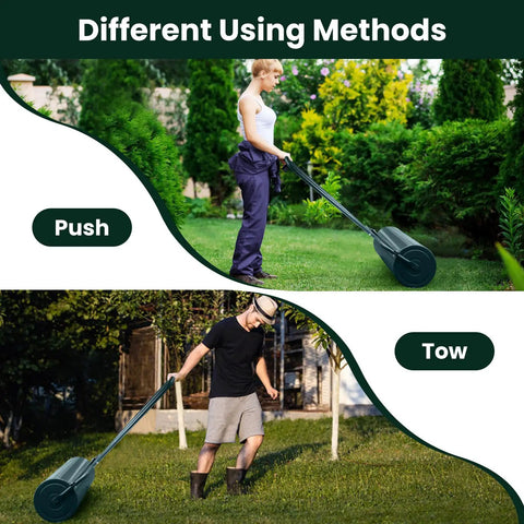 Heavy Duty 12x36 Inch Lawn Roller Water Or Sand Filled Drum For Push Or Tow Behind Use in action on lawn
