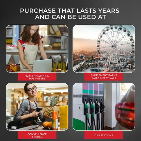 Collage showing Ultra Fast Cash Counter usage in businesses, festivals, stores, and gas stations.
