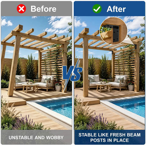 Comparison of pergolas with and without Super Strong Heavy Duty Steel L Angle Brackets Six By Six By Five Inches Two Pack For Wood.