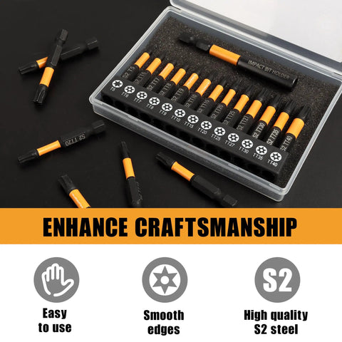Heavy Duty 2 Inch Security Torx Bits Set, 14 Pieces S2 Steel Screwdriver Kit With Magnetic Holder, T5 To T40 Tamper Resistant Socket Bits in clear case.