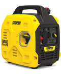 Ultralight 2500-Watt Inverter Generator With Quiet Tech, built-in carry handle, yellow housing, side view, power outlets visible